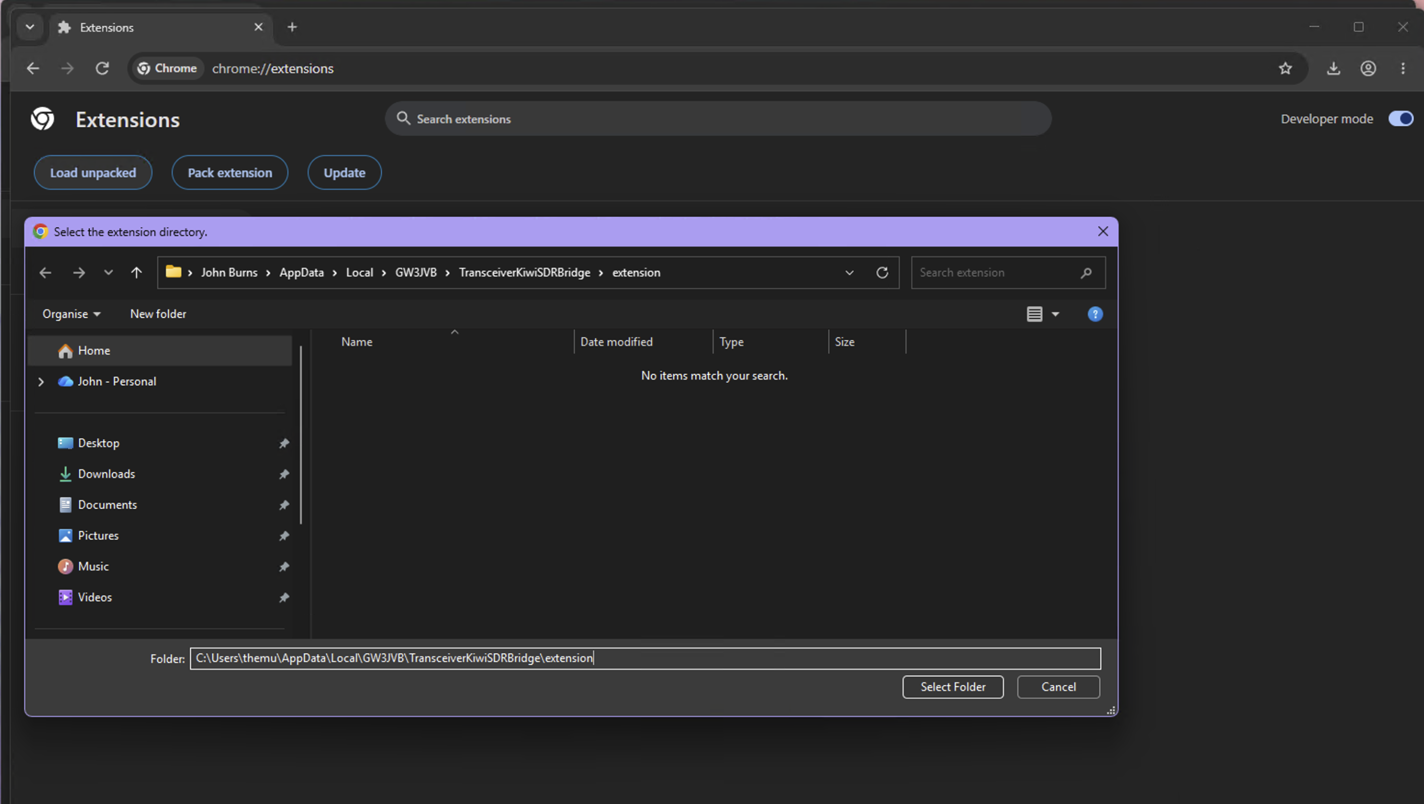 Browser extensions page with Developer Mode and Load unpacked
