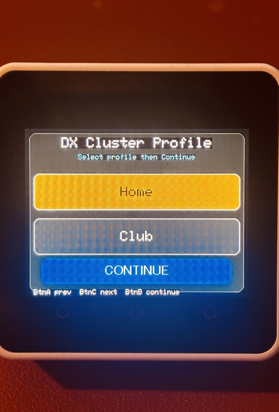 M5Core2 DX Cluster profile selection screen