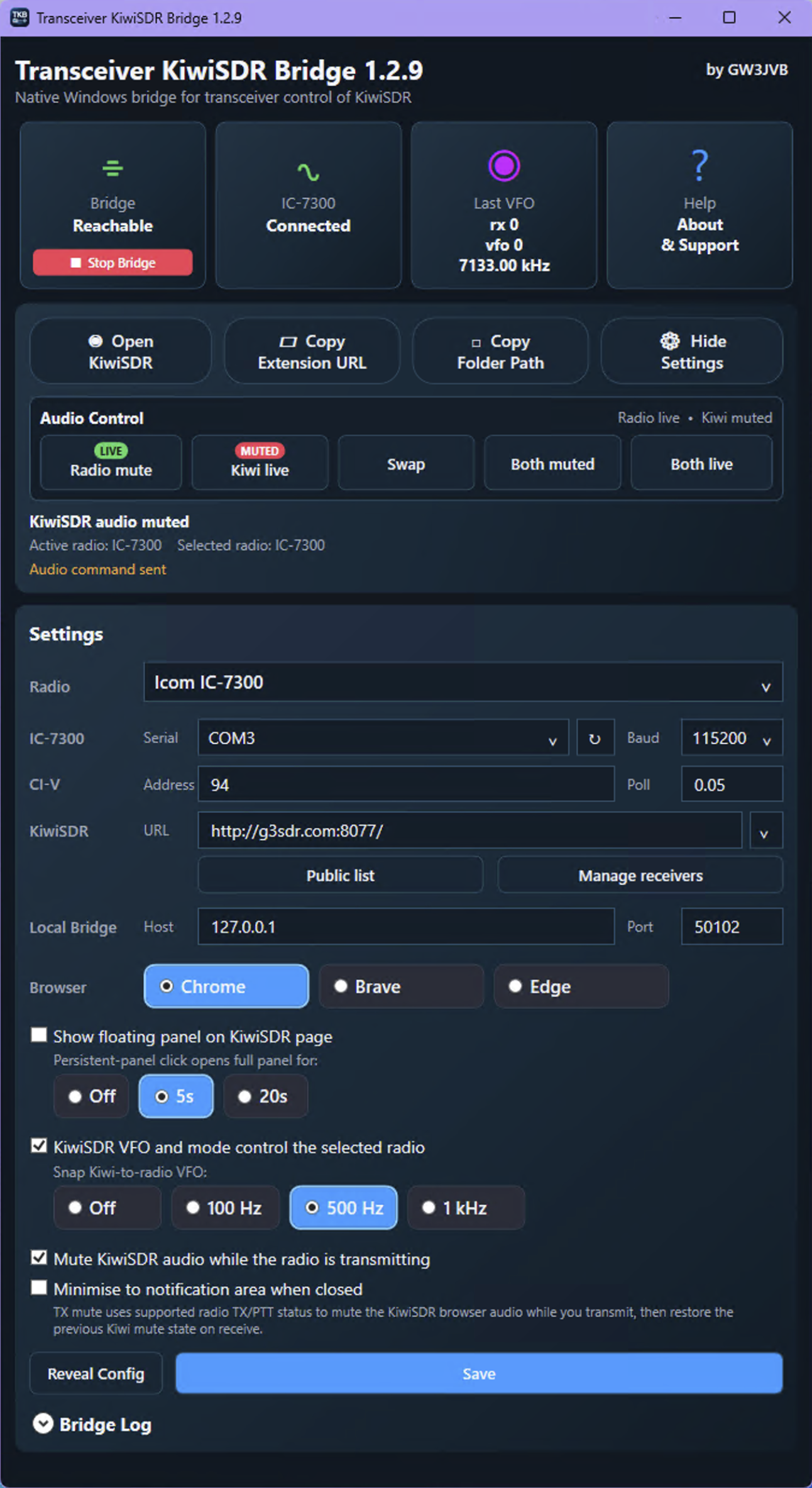 Transceiver KiwiSDR Bridge with Audio Control and expanded settings